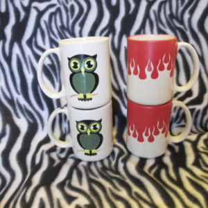 12 ounce tattoo coffee cup Green Owls Red Hot Rod Flames ceramic pottery OHIO USA