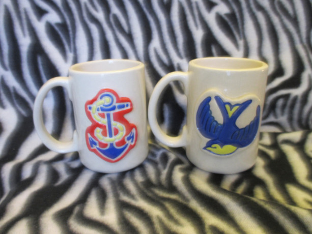 12 ounce tattoo coffee cup Blue Sparrow Swallow Nautical Anchors ceramic pottery OHIO USA