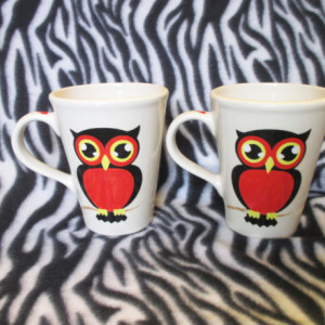 Set of 2 18 ounce coffee cups tattoo Red and Black Owls OHIO USA hand made