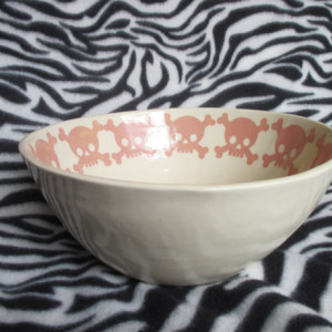 Large Mixing or Serving Bowl Pink Skulls Tattoo Ceramic Pottery Hand Made OHIO USA