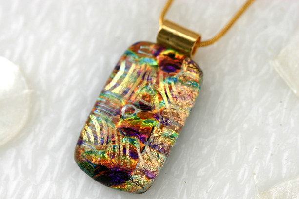 Gold Dichroic Fused Glass Pendant Necklace Jewelry Fused Glass Pendant Dichroic Gold Necklace 01144
