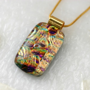 Gold Dichroic Fused Glass Pendant Necklace Jewelry Fused Glass Pendant Dichroic Gold Necklace 01144