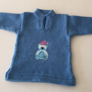 Blue  knit baby pullover with teddy bear motif