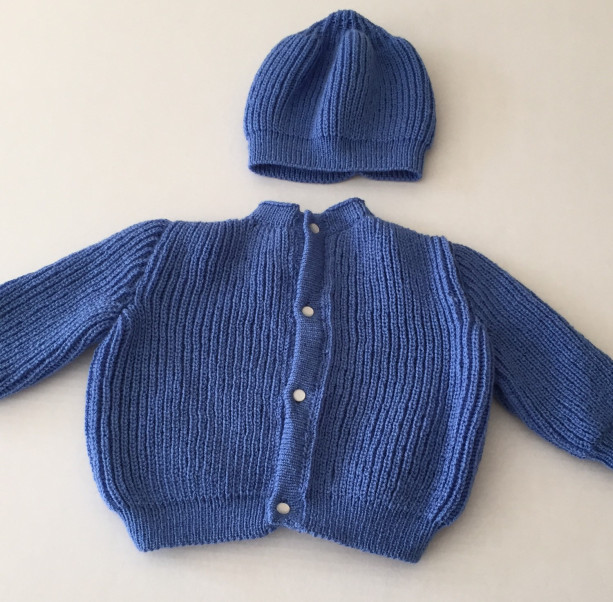 Blue  knit baby cardigan and hat set