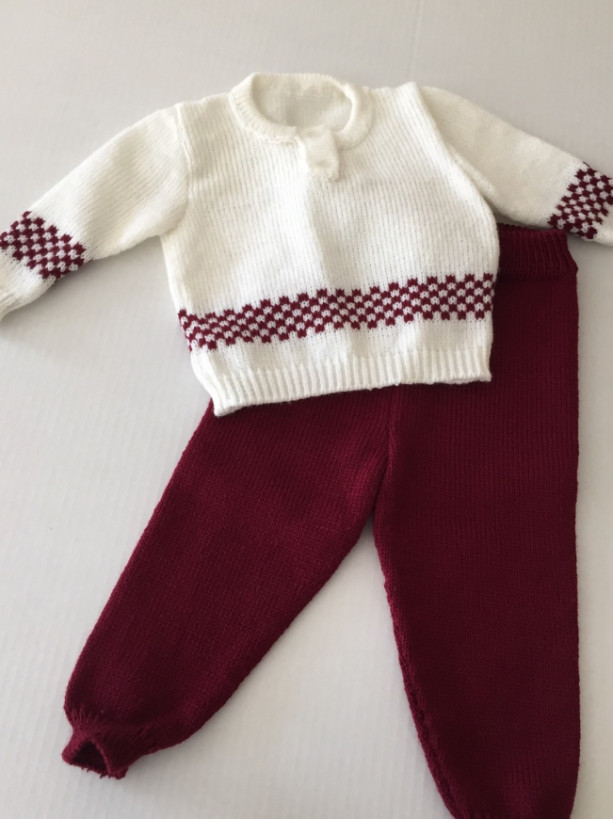 Red and white baby sweater and matching pants set