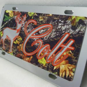 Camouflage Deer Hunter License Plate- Personalized Camo car tag for outdoorsmen, hunters, buck and doe lovers.