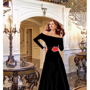 Off The Shoulder Black Tea Length Dress With Stretch Belt And Red Rose Made To Measurement