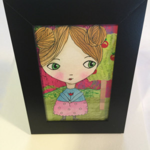 Mixed Media Whimsical Watercolored Girl with Collaged Background in a Black Frame. Great Gift Idea for Mom, Sister, Aunt, Daughter, Niece!