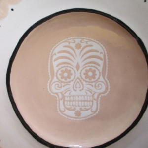 Set of 2 Large Dinner Plates Beige Sugar DOD Skull Handmade Tattoo Ceramic Pottery OHIO USA
