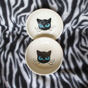 Two Small Kitty Cat Food Bowls Pet Dish Turquoise Eyes Tattoo Ceramic Pottery Hand Made OHIO USA