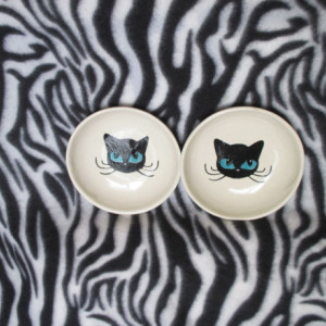 Two Small Kitty Cat Food Bowls Pet Dish Turquoise Eyes Tattoo Ceramic Pottery Hand Made OHIO USA
