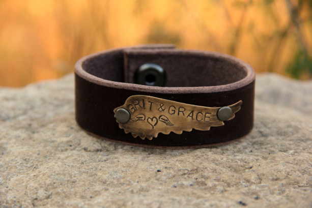 Rustic Cowgirl Leather and Brass Stamped Western Cuff - "Grit & Grace" Wing Cuff