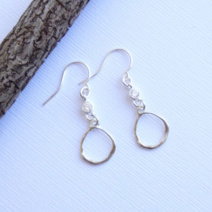 Sterling Silver Organic Circle Drop Earrings with tiny CZ Detail