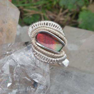 Handmade Wire wrapped ring Featuring Canadian Ammolite Cab Size 9.5 Fine silver and White Gold fil wire