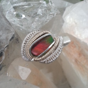 Handmade Wire wrapped ring Featuring Canadian Ammolite Cab Size 9.5 Fine silver and White Gold fil wire