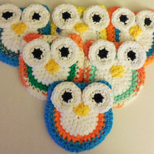 Set of 2 Owl Scrubbie , Dish / Pot Scrubby , Crochet Cleaning Scrubber , White, Orange and Purple Owl Scrubber , Handmade Tri - Colored Owl    os115