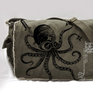 Ninja octopus Canvas Vintage messenger bag printed on a Raw-Edge Messenger