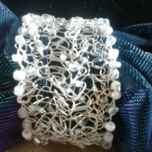 Winter White Crocheted Wire Beaded  Cuff Bracelet