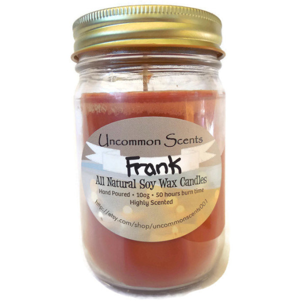 Outlander's Frank Randall scented candle.  Candle scented with the smell of old books, libraries and other scholarly scents.