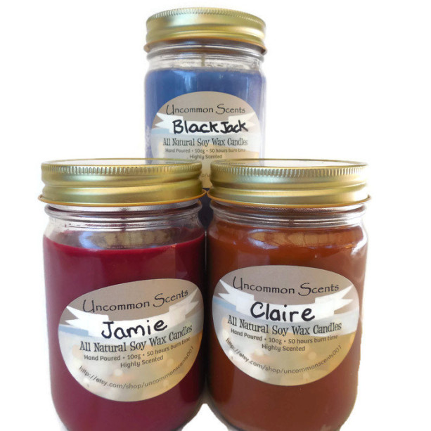Outlander scented candles: Black Jack Randall, Jamie Fraser and Claire Beauchamp Fraser scented candles, jar candles soy Set of 3