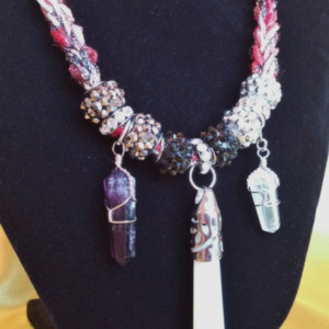 Moonstone pendant, amethyst pendant, quartz pendant, New Age jewelry, knitted necklace, fashion jewelry, gemstone jewelry, unique gift