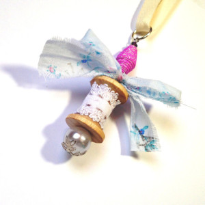 Cottage Chic Wooden Spool Necklace, Vintage Fabric Bow,  Paper Glitter Bead, Unique Necklace, OOAK, Spool Jewelry, Handmade Ribbon Necklace