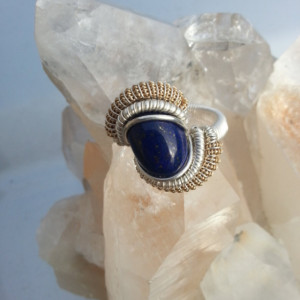 Handmade Lapis Lazulli Wire Wrapped Ring Size 7-7.5