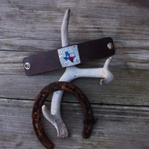 Texas License Plate Leather Cuff Upcycled Recycled Metal Leather Cuff Bracelet by Bret Cali