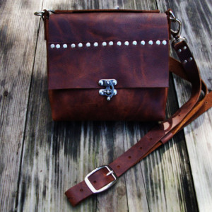Leather Cross Body Bag with Nickel Rivets and Swivel Closure. Leather Messenger Satchel Bag  Bret Cali Bag Handmade OOAK Ready to Ship