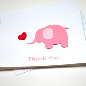 Pink Elephant Baby Shower Birthday Thank You Card Set, Elephant Thank You Card Set, Pink Elephant Heart Baby Shower Thank You, Elephant