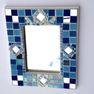 Mosaic Art Mirror featuring Blue, Iridescent and Mirrored tile Ready to Hang Wall hanging attached