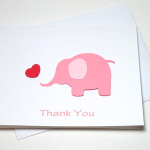 Pink Elephant Baby Shower Birthday Thank You Card Set, Elephant Thank You Card Set, Pink Elephant Heart Baby Shower Thank You, Elephant