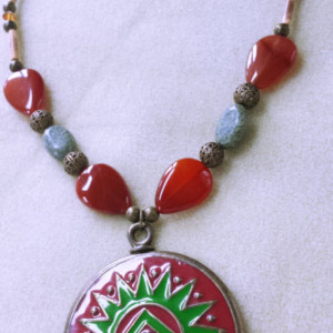 Red Sunburst Pendant Carnelian Stones Necklace