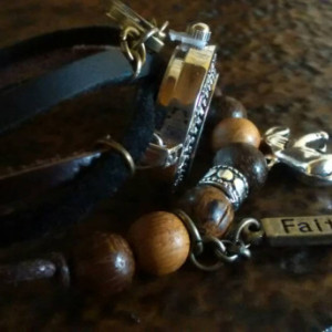 Faux leather boho bracelet style watch with love, elephant charm- Deseree
