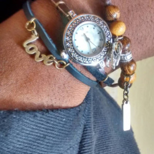 Faux leather boho bracelet style watch with love, elephant charm- Deseree