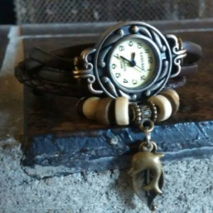 Faux leather boho bracelet style watch with leaf and dolphin charm- Roxanne