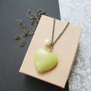 Jade Green Heart Necklace. Long Strand Necklace.