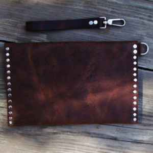Rustic Leather Wristlet Clutch with Nickel Rivets and Nickel Swivel Clasp by Bret Cali Handmade Leather Purse