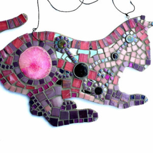 Boho Pink and Purple Cat Mosaic Art Mixed Media Home Decor Wall Hanging. Original Unique Geode Wall Art Ready to Hang.