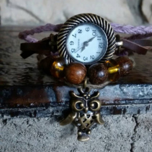 Faux leather boho bracelet style watch with owl charm- Roxanne