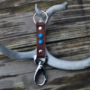 Leather Key Fob with Turquoise Rivets,  Nickel Trigger Snap and Split Key Ring Keychain