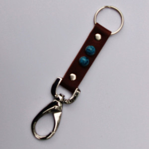 Leather Key Fob with Turquoise Rivets,  Nickel Trigger Snap and Split Key Ring Keychain