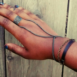 Boho style slave bracelet / wristlet with faux leather and vintage style ring