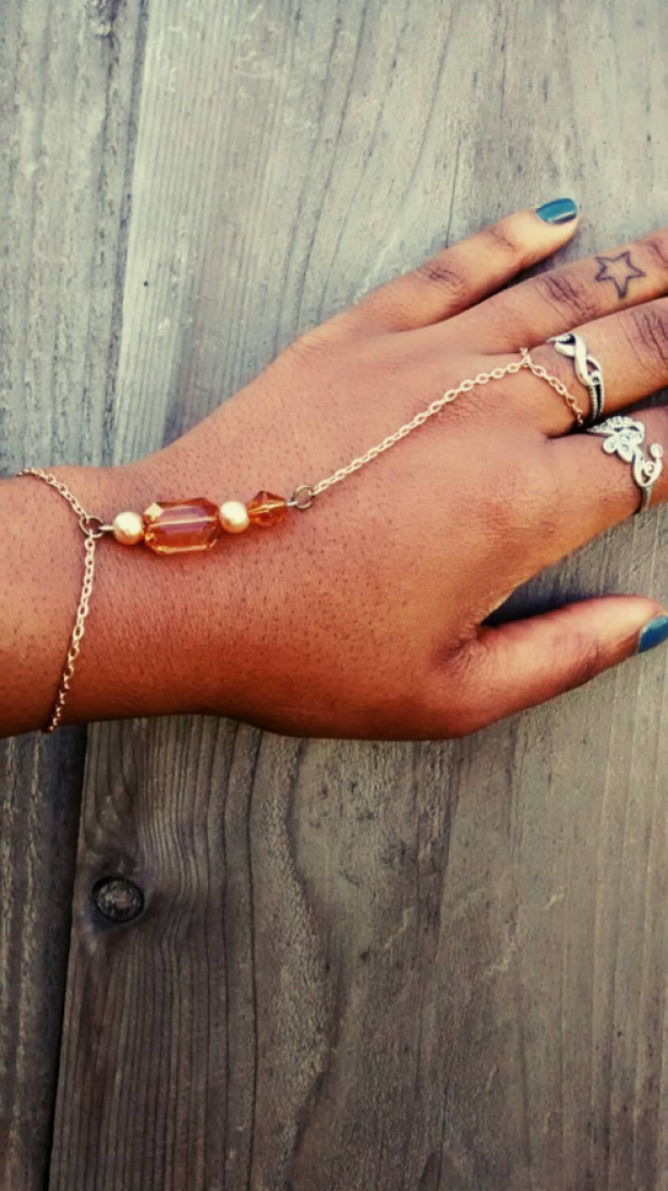 Gold Boho style slave bracelet / wristlet with gems and pearls