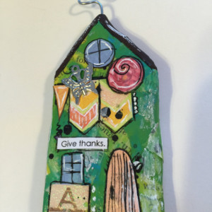 GIVE THANKS Whimsical Mixed Media "Itty Bitty Village Houses" Magnet in Bright Colors, Patterns, Textures. Valentine's Gift! Gift for Mom!