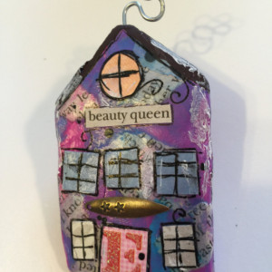 BEAUTY QUEEN Whimsical Mixed Media "Itty Bitty Village Houses" Pin in Bright Colors, Patterns, Textures. Valentine's Gift! Gift for Mom!