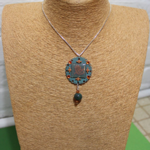 Round Indie teal and orange crystal pendant, plastic flower necklace, aquamarine flower pendant