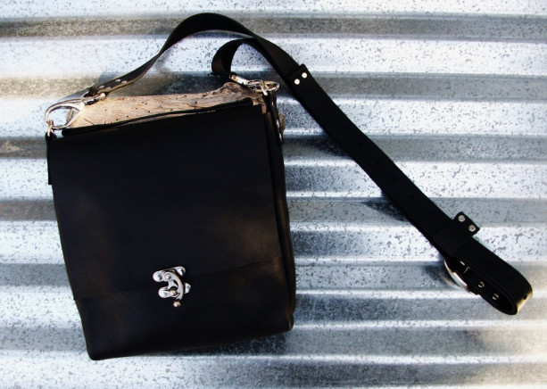 Black Leather Cross Body Bag with Nickel Hardware and Rivets Handstitched Leather Messenger Satchel Bag  Bret Cali Bag Handmade