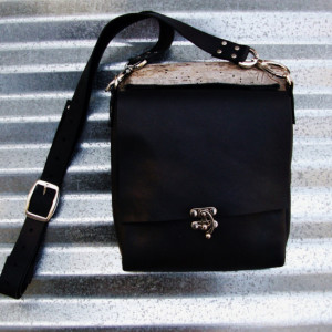 Black Leather Cross Body Bag with Nickel Hardware and Rivets Handstitched Leather Messenger Satchel Bag  Bret Cali Bag Handmade