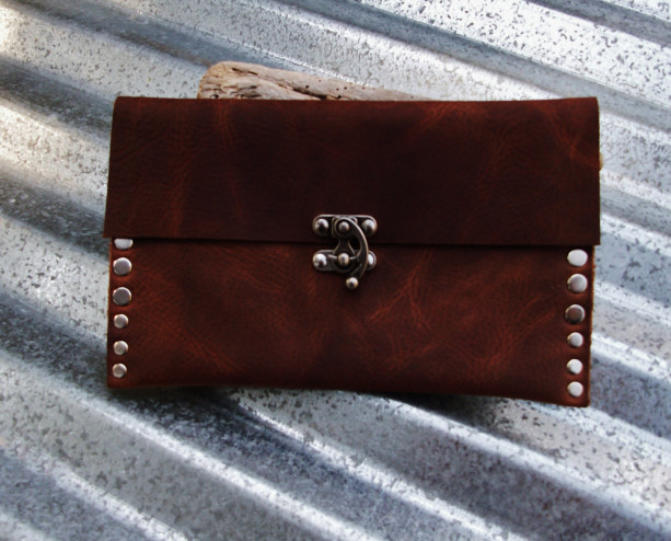 Rustic Leather Clutch with Hand Strap and Nickel Rivets and Nickel Swivel Clasp by Bret Cali Handmade Leather Purse